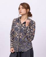 Attitude –Tan & Navy Lace Roses | Women’s Blouse