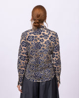 Attitude –Tan & Navy Lace Roses | Women’s Blouse