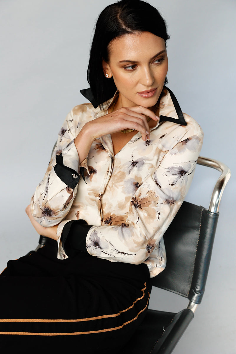 Double Collar Cuff Blouse - Floral White