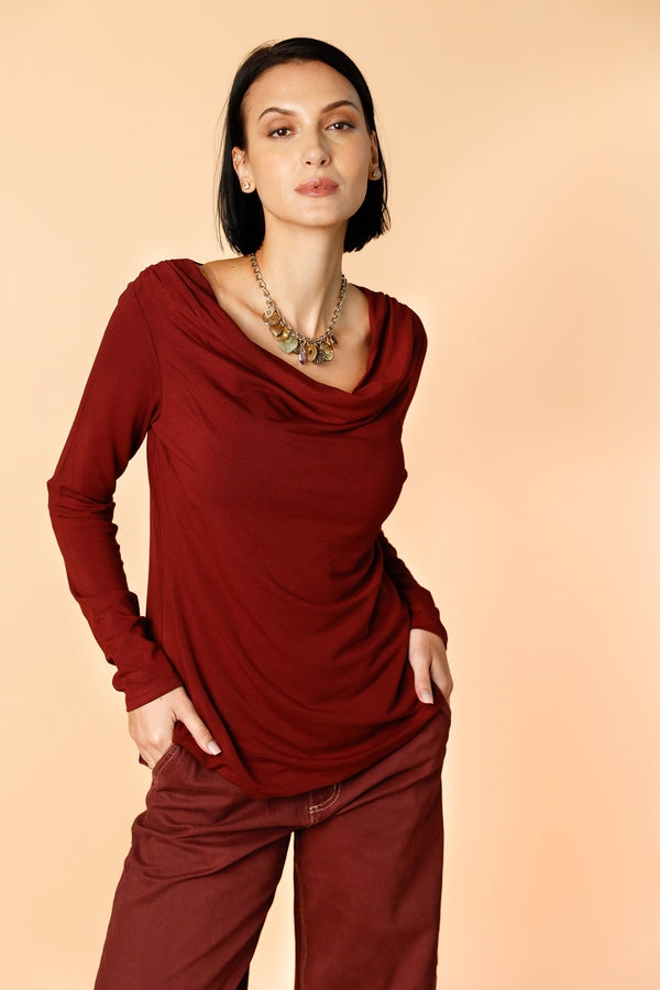 Fab Knit - Deep Burgundy | Women's Draped Cowl Blouse