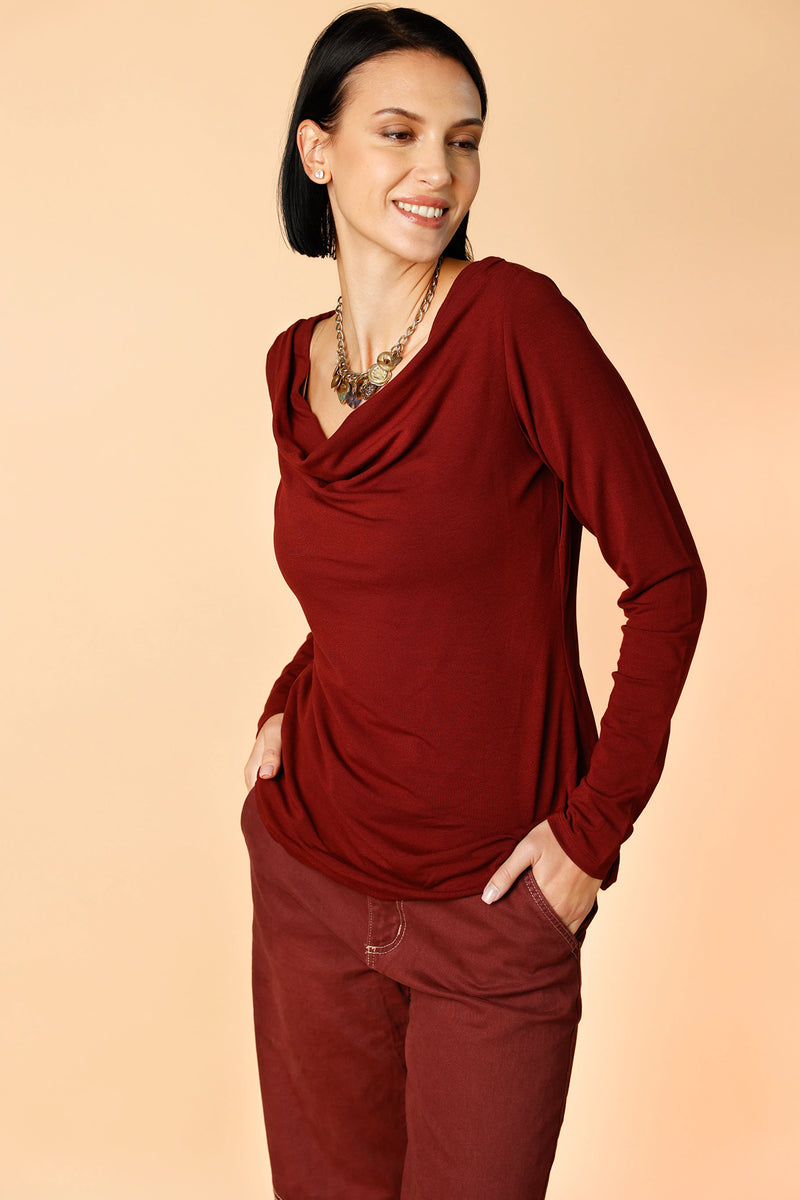 Fab Knit - Deep Burgundy | Women's Draped Cowl Blouse