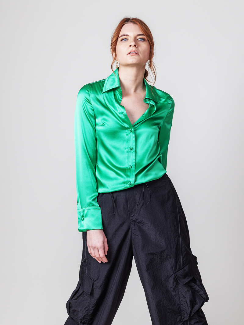 Drape Blouse with French Cuff - Soft BR. Green - Farinaz Taghavi