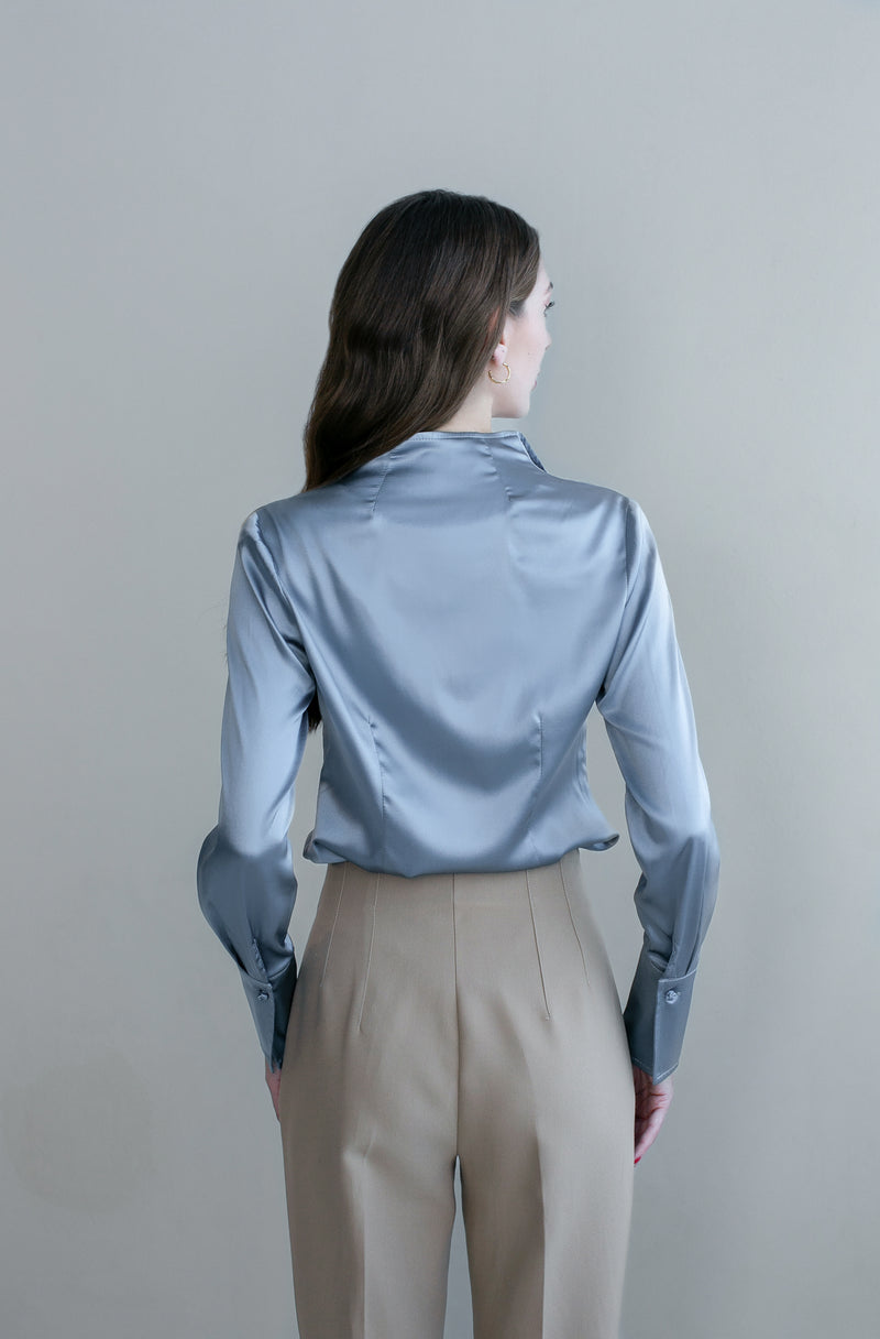 silver dress blouse Glitter-Effect Fitted Long Sleeve Blouse Silver Julia Allert