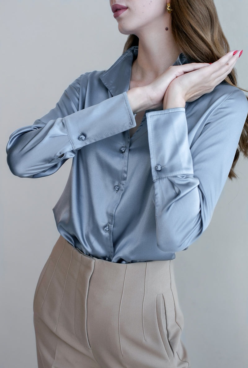 silver dress blouse Metallic Mock Neck Keyhole Pleated Blouse - Silver