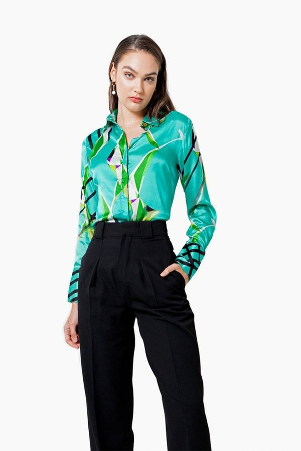 Attitude Casual Silk Blouse – Teal/Olive/Saffron