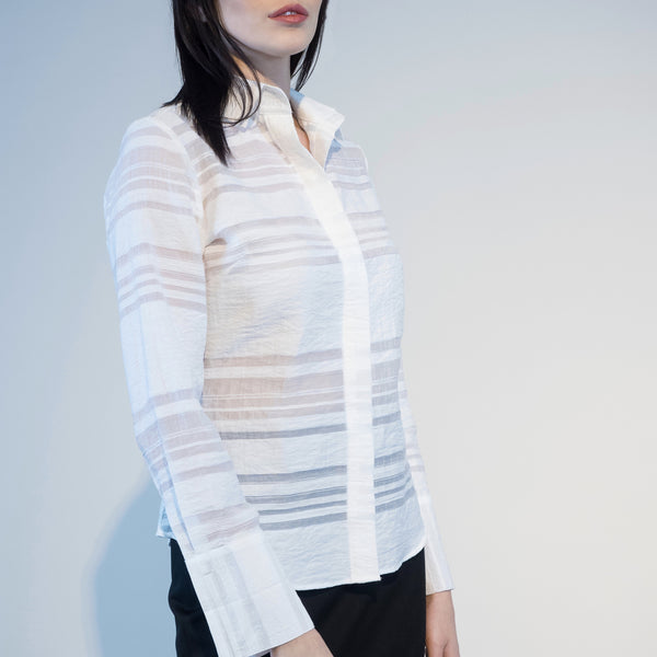 Attitude -White Floral Embossed Stripe Shirt - Farinaz Taghavi