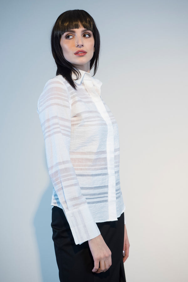 Attitude -White Floral Embossed Stripe Shirt - Farinaz Taghavi