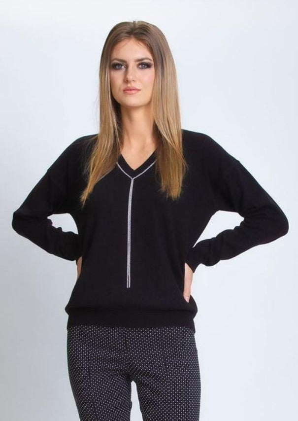 Silk/Cashmere V Neck Sweater - Black