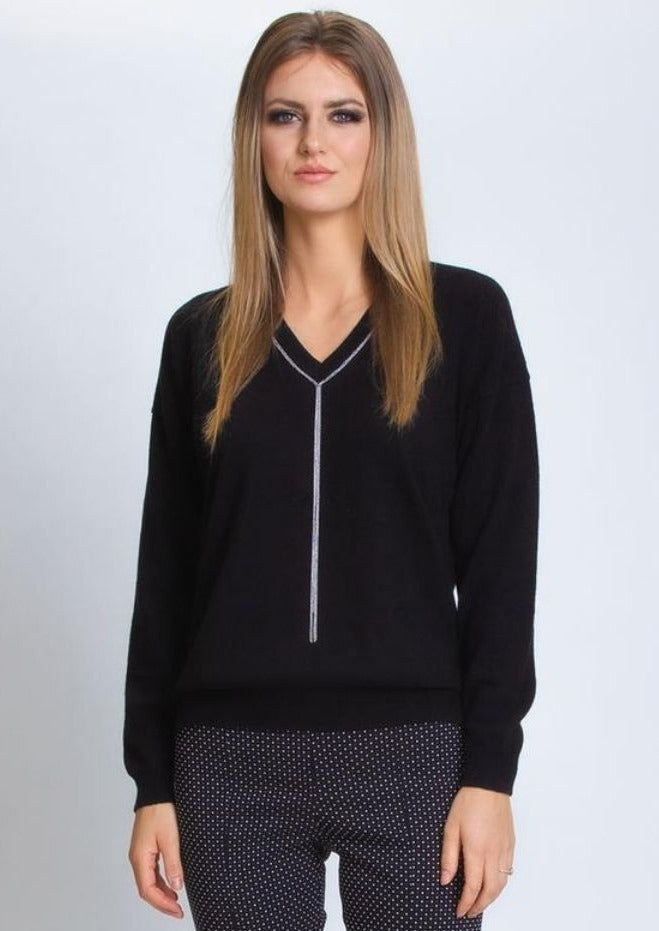 Silk/Cashmere V Neck Sweater - Black