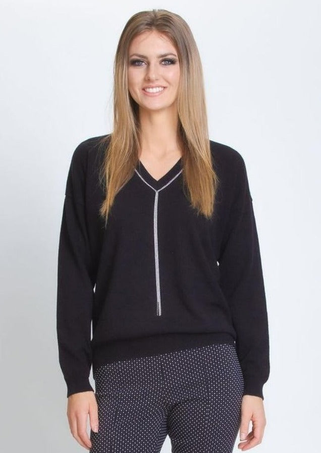 Silk/Cashmere V Neck Sweater - Black
