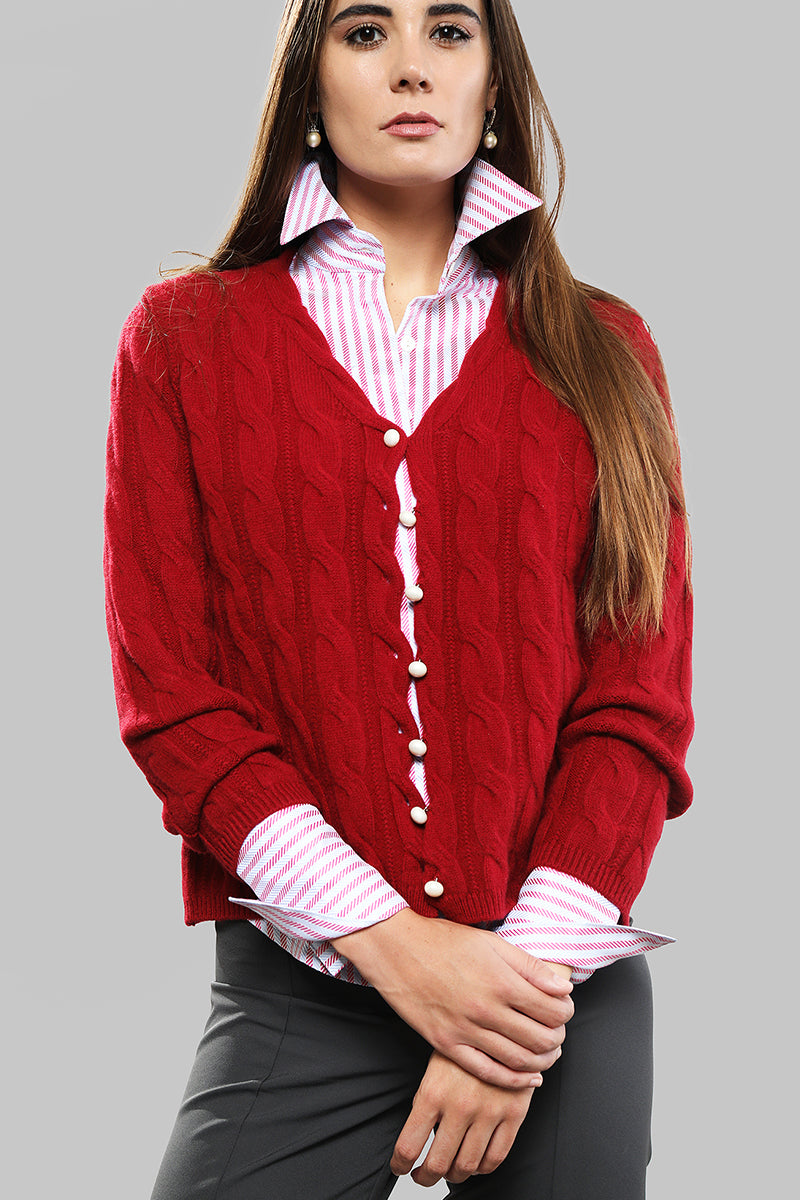 Merino Wool Cable Knit Sweater - Red