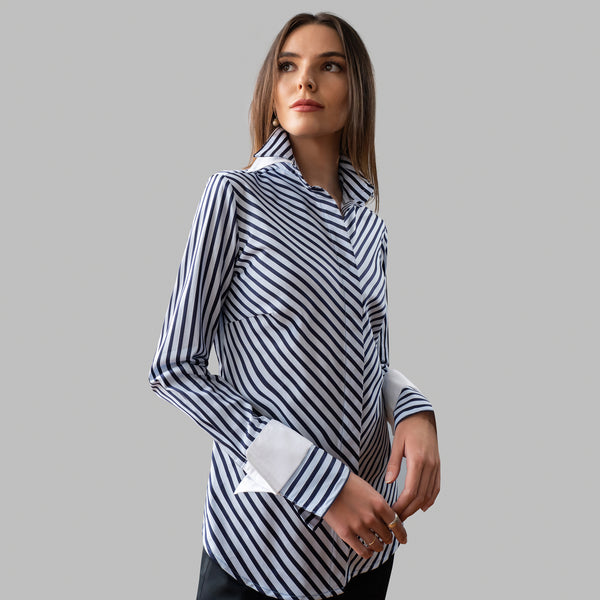 Double Cuff, Double Collar- Navy/Blue Stripe