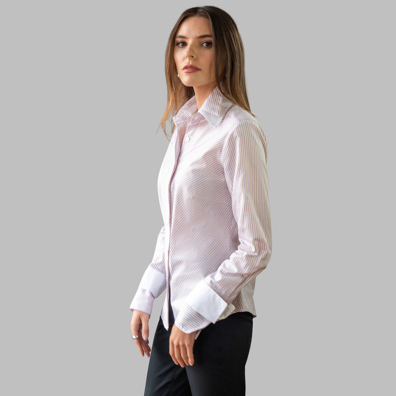Double Cuff, Double Collar- Pink/Khaki Stripe