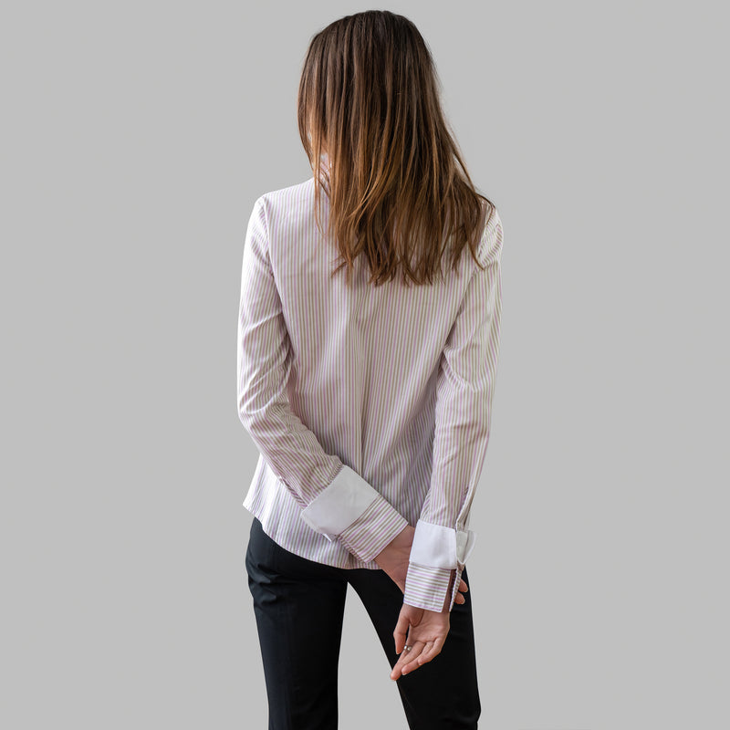 Double Cuff, Double Collar- Pink/Khaki Stripe