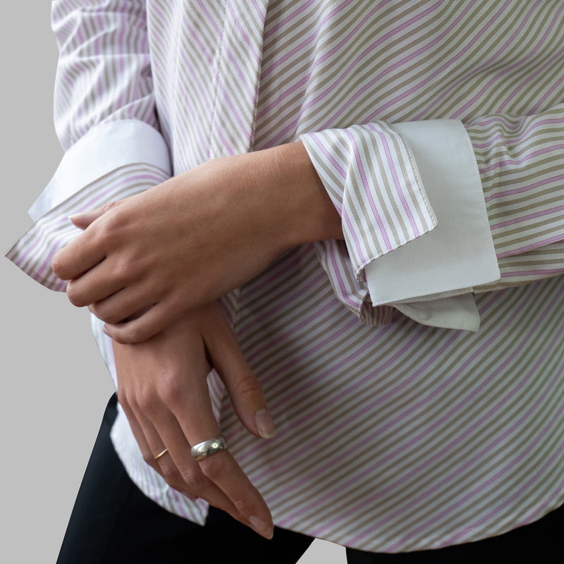 Double Cuff, Double Collar- Pink/Khaki Stripe