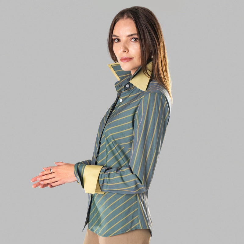 Double Cuff, Double Collar - Green/Khaki Stripe
