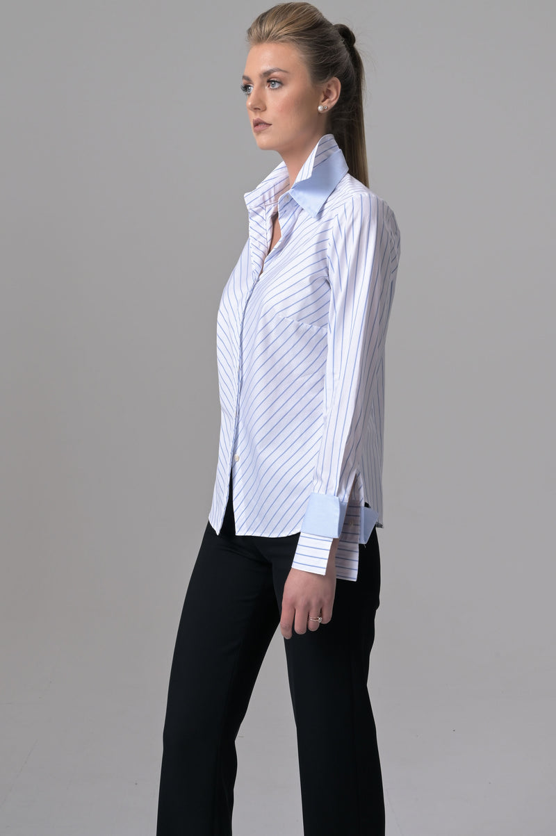 Double Collar - White with Blue Pencil Stripes - Farinaz Taghavi
